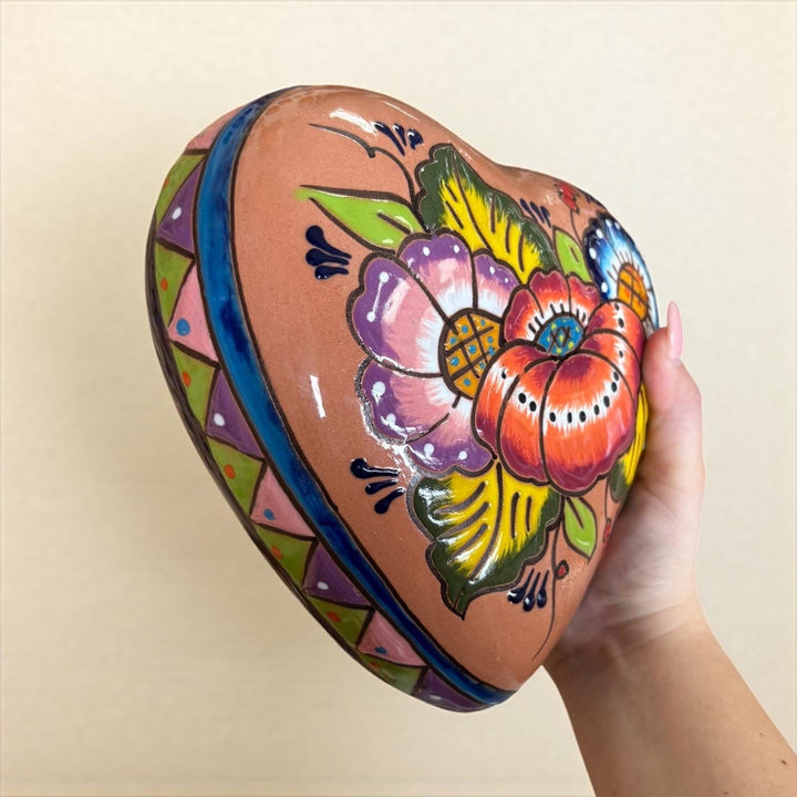 Hand Painted Mexican Talavera Heart Wall Decor, Ceramic Garden Stone (Assorted Designs)