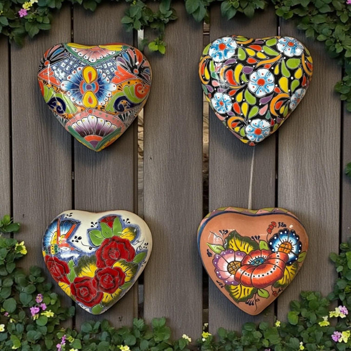 Hand Painted Mexican Talavera Heart Wall Decor, Ceramic Garden Stone (Assorted Designs)