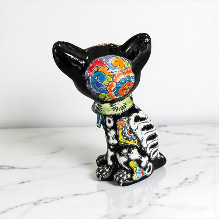 Cute Day of the Dead Hand Painted Talavera Skeleton Spooked Cat Figure