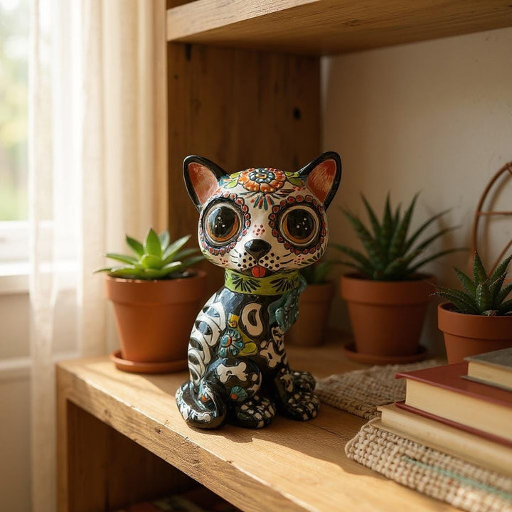 Cute Day of the Dead Hand Painted Talavera Skeleton Spooked Cat Figure
