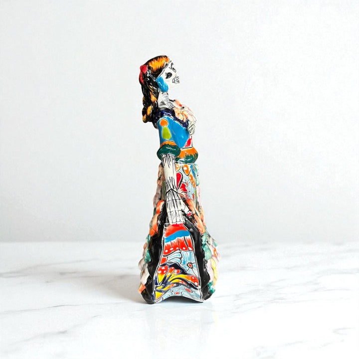 Small Handpainted Talavera Catrina Figurine, Dancing Skeleton in Folklórico Dress with Puffy Flowers