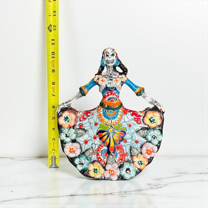 Small Handpainted Talavera Catrina Figurine, Dancing Skeleton in Folklórico Dress with Puffy Flowers