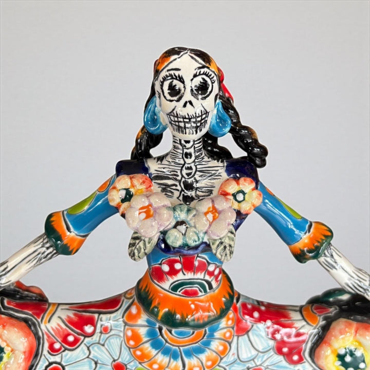 Small Handpainted Talavera Catrina Figurine, Dancing Skeleton in Folklórico Dress with Puffy Flowers