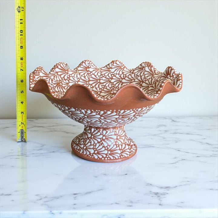 Hand Painted Brown and White Talavera Scalloped Rim Fruit Bowl (Cielito Lindo Inspired)
