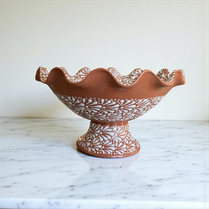 Hand Painted Brown and White Talavera Scalloped Rim Fruit Bowl (Cielito Lindo Inspired)