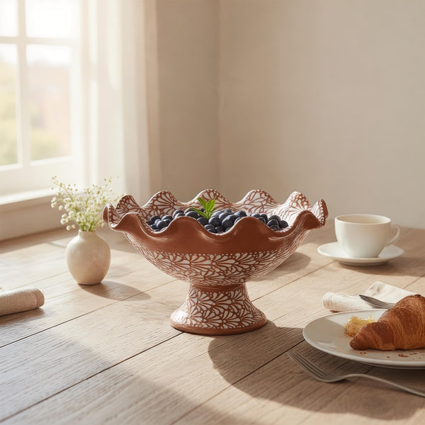 Hand Painted Brown and White Talavera Scalloped Rim Fruit Bowl (Cielito Lindo Inspired)