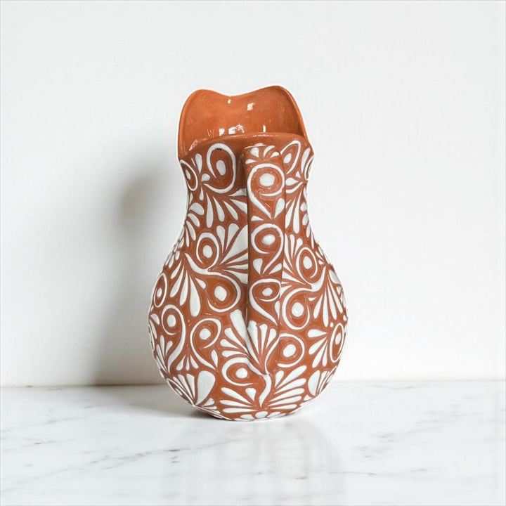 Beautiful Hand Painted Rustic Brown & White Floral Vines Talavera Pitcher
