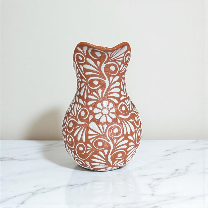 Beautiful Hand Painted Rustic Brown & White Floral Vines Talavera Pitcher