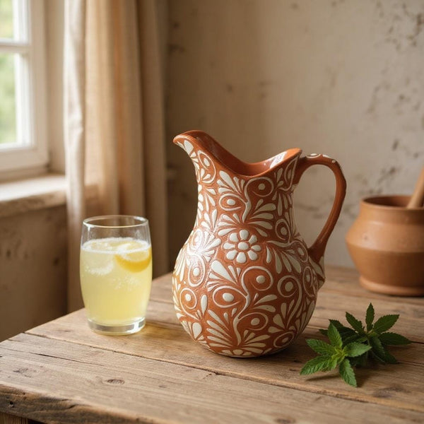 Beautiful Hand Painted Rustic Brown & White Floral Vines Talavera Pitcher
