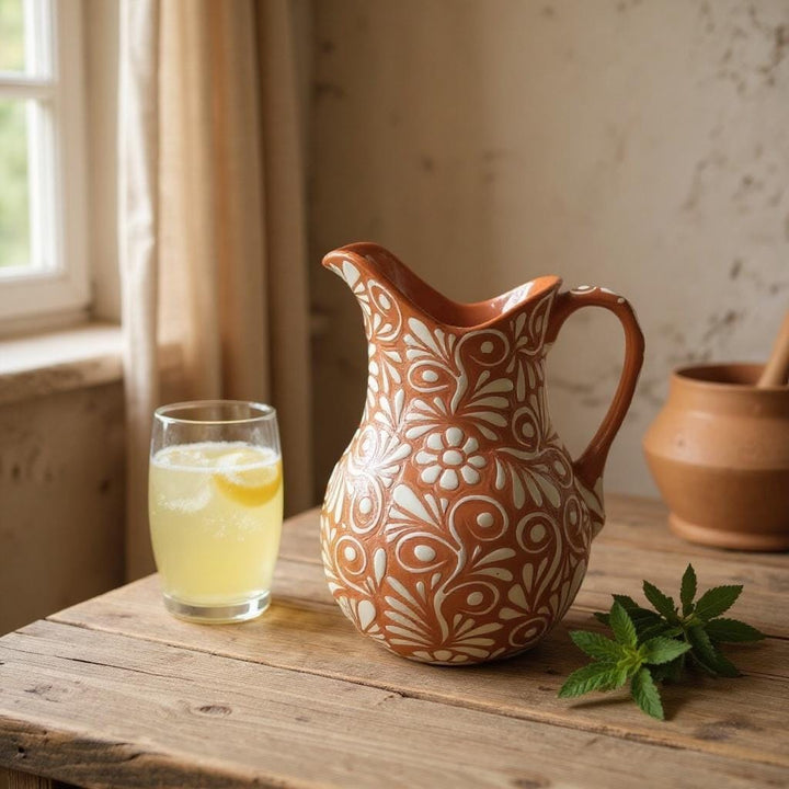 Beautiful Hand Painted Rustic Brown & White Floral Vines Talavera Pitcher