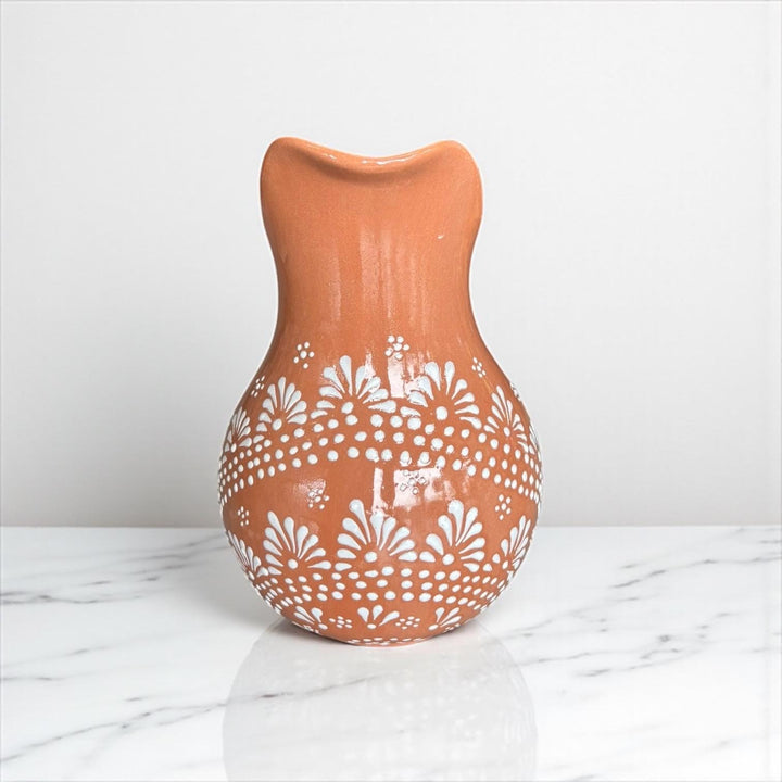 Hand-Painted Mexican Talavera Pitcher, Rustic Terracotta Brown & White Mandela (Cielito Lindo Inspired)