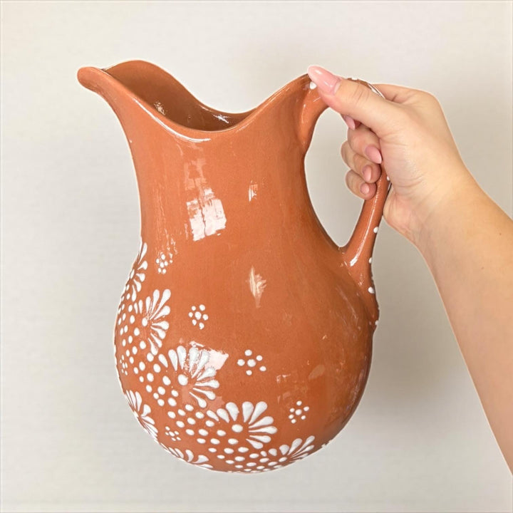 Hand-Painted Mexican Talavera Pitcher, Rustic Terracotta Brown & White Mandela (Cielito Lindo Inspired)