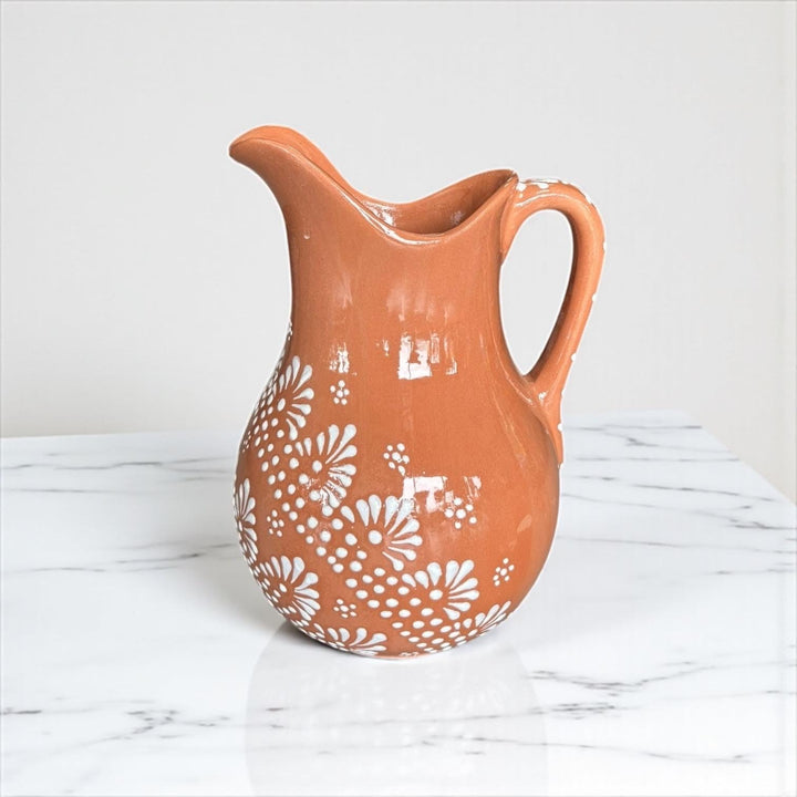 Hand-Painted Mexican Talavera Pitcher, Rustic Terracotta Brown & White Mandela (Cielito Lindo Inspired)