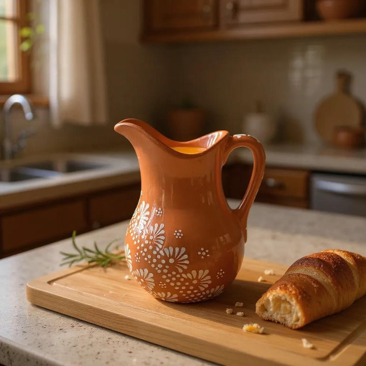 Hand-Painted Mexican Talavera Pitcher, Rustic Terracotta Brown & White Mandela (Cielito Lindo Inspired)