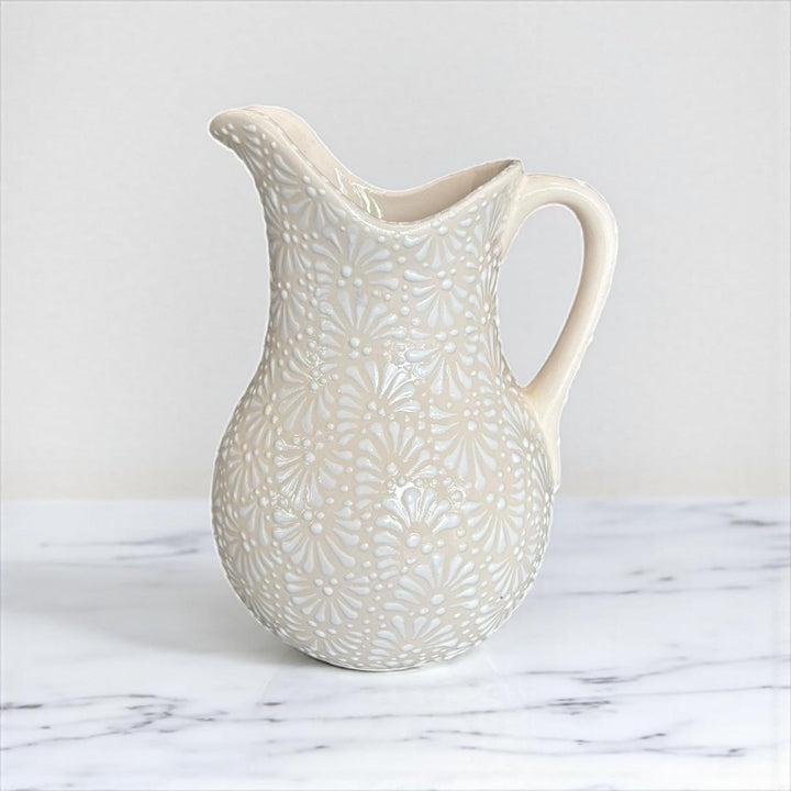 Hand Painted Mexican Talavera Pitcher, Ivory & White (Cielito Lindo Inspired)