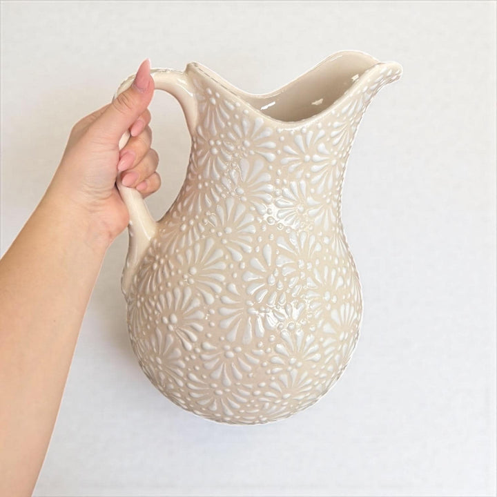 Hand Painted Mexican Talavera Pitcher, Ivory & White (Cielito Lindo Inspired)