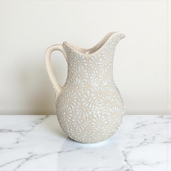 Hand Painted Mexican Talavera Pitcher, Ivory & White (Cielito Lindo Inspired)