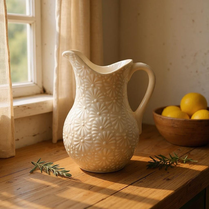 Hand Painted Mexican Talavera Pitcher, Ivory & White (Cielito Lindo Inspired)