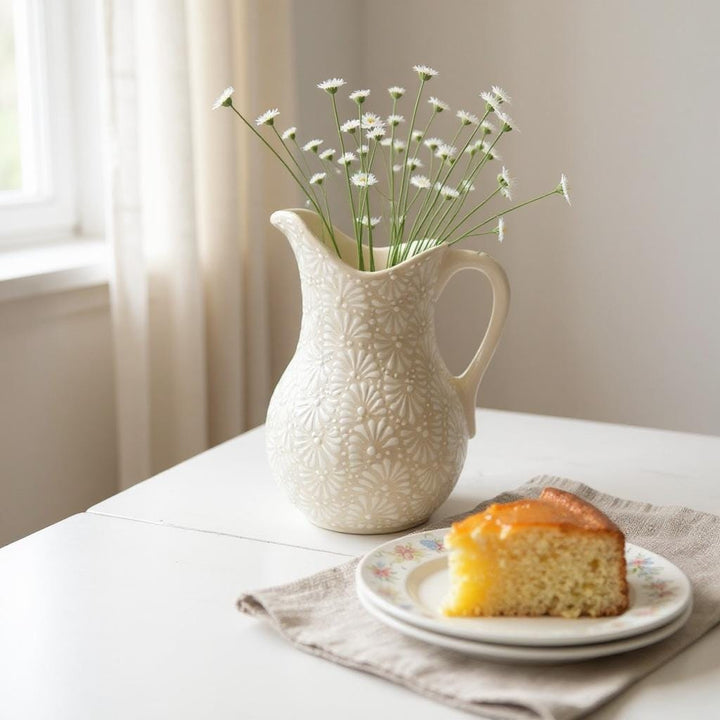 Hand Painted Mexican Talavera Pitcher, Ivory & White (Cielito Lindo Inspired)