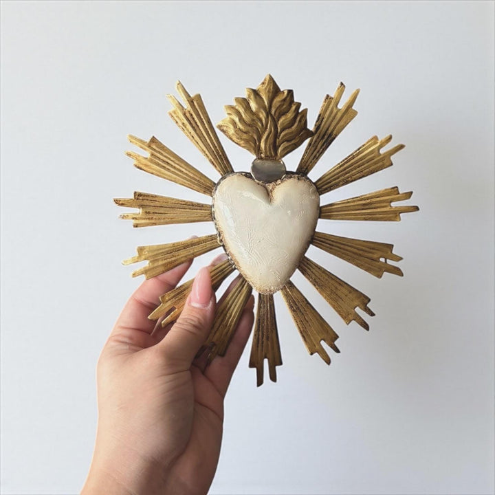 Small Handmade Mexican White Tin Hearts Wall Decor – Assorted Designs (Corazon Sagrado Inspired)