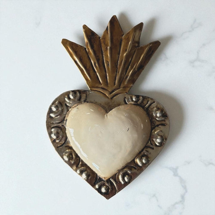 Small Handmade Mexican White Tin Hearts Wall Decor – Assorted Designs (Corazon Sagrado Inspired)
