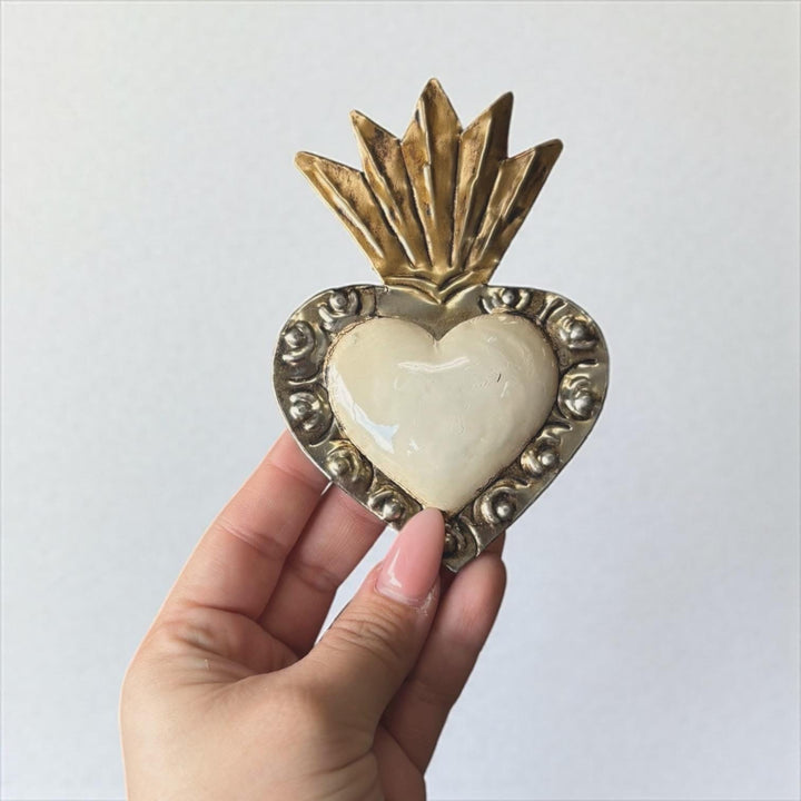 Small Handmade Mexican White Tin Hearts Wall Decor – Assorted Designs (Corazon Sagrado Inspired)