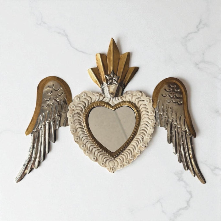 Small Handmade Mexican White Tin Hearts Wall Decor – Assorted Designs (Corazon Sagrado Inspired)