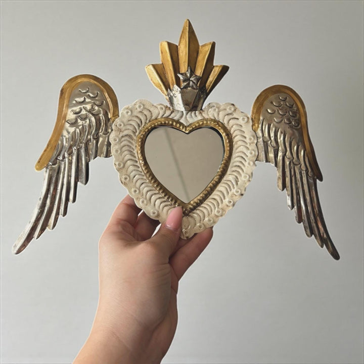 Small Handmade Mexican White Tin Hearts Wall Decor – Assorted Designs (Corazon Sagrado Inspired)
