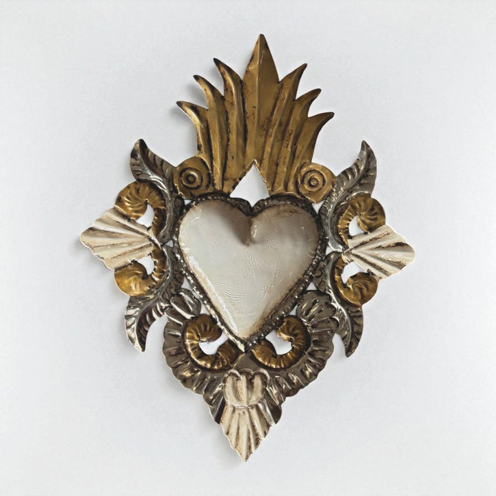 Small Handmade Mexican White Tin Hearts Wall Decor – Assorted Designs (Corazon Sagrado Inspired)