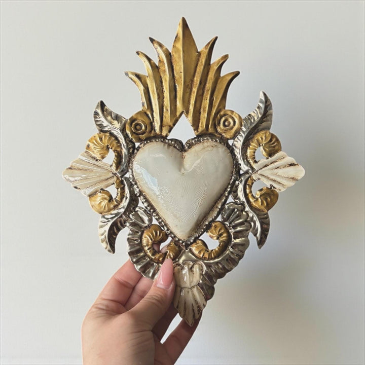 Small Handmade Mexican White Tin Hearts Wall Decor – Assorted Designs (Corazon Sagrado Inspired)