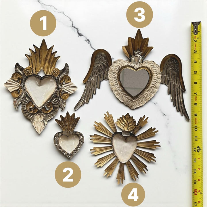 Small Handmade Mexican White Tin Hearts Wall Decor – Assorted Designs (Corazon Sagrado Inspired)