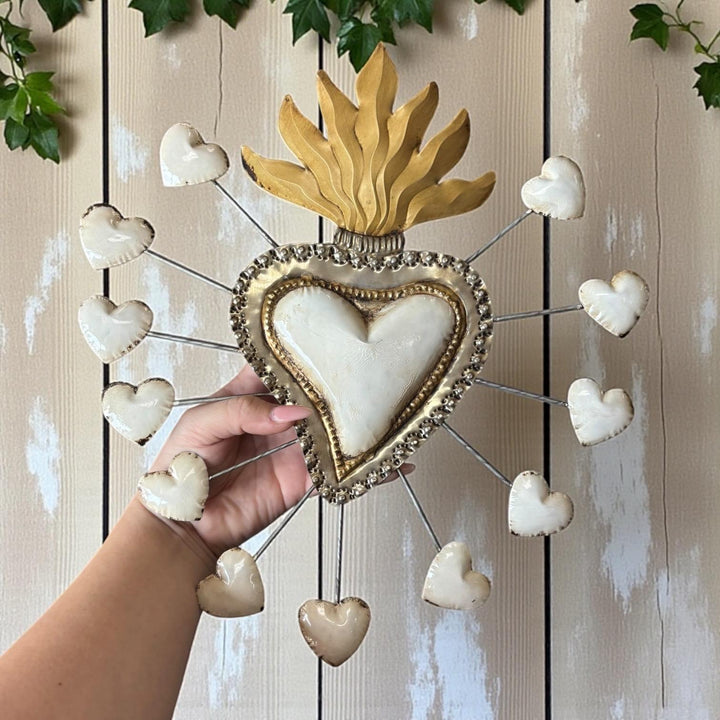 Medium Handmade Mexican White Tin Hearts Wall Decor – Assorted Designs (Corazon Sagrado Inspired)