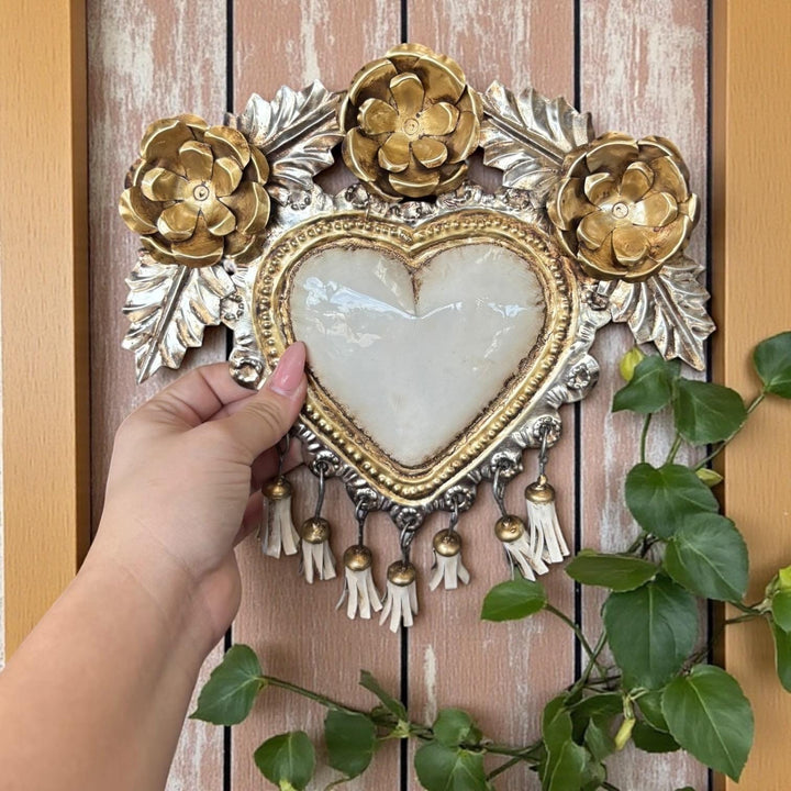 Medium Handmade Mexican White Tin Hearts Wall Decor – Assorted Designs (Corazon Sagrado Inspired)