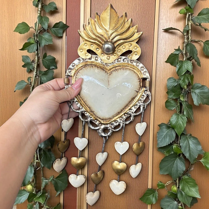 Medium Handmade Mexican White Tin Hearts Wall Decor – Assorted Designs (Corazon Sagrado Inspired)