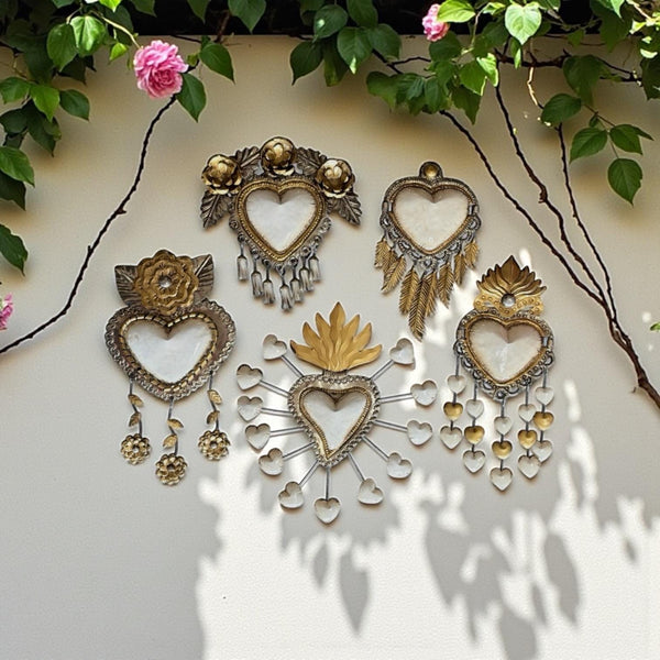 Medium Handmade Mexican White Tin Hearts Wall Decor – Assorted Designs (Corazon Sagrado Inspired)
