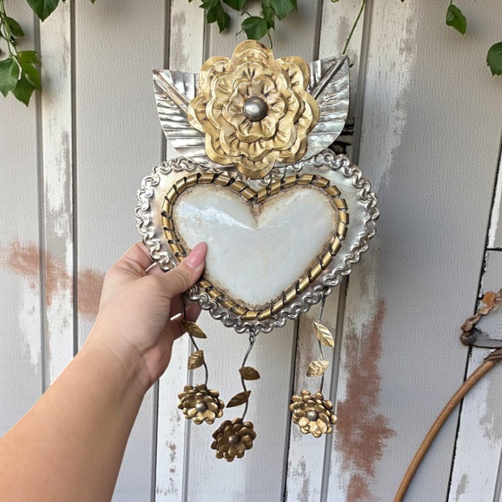 Medium Handmade Mexican White Tin Hearts Wall Decor – Assorted Designs (Corazon Sagrado Inspired)