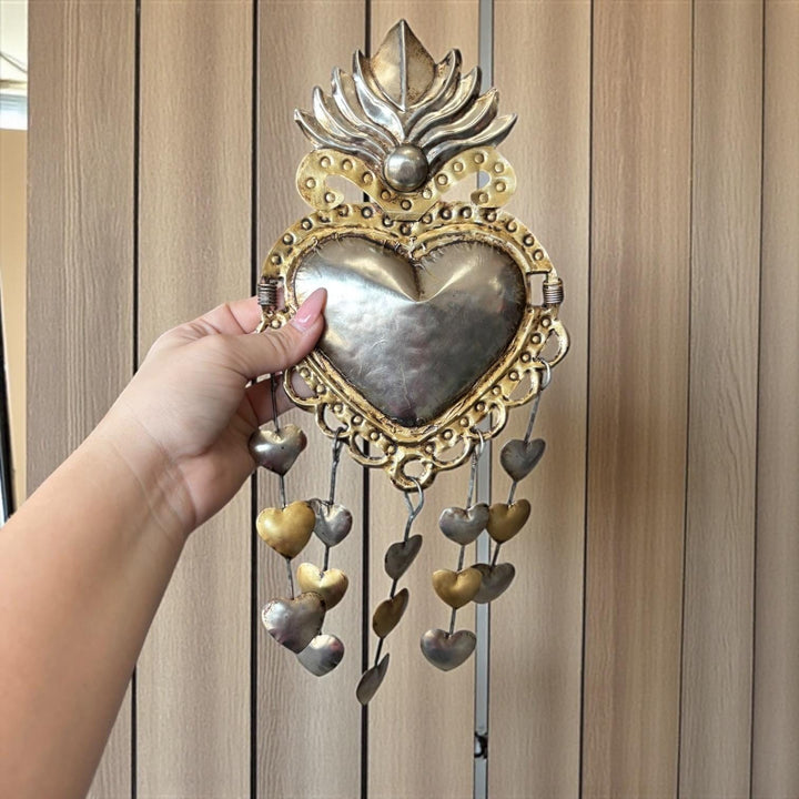 Medium Handmade Mexican Gold Tin Hearts Wall Decor – Assorted Designs (Corazon Sagrado Inspired)