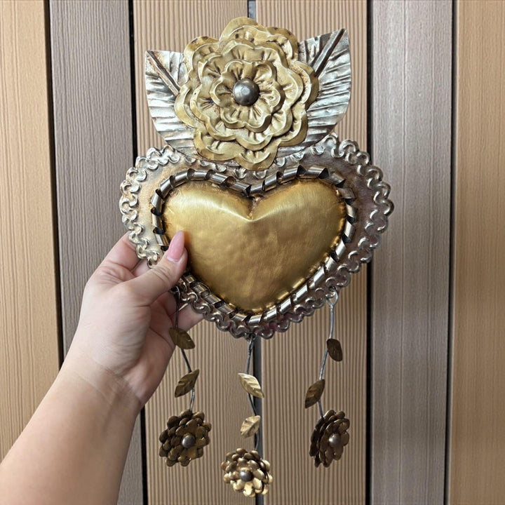 Medium Handmade Mexican Gold Tin Hearts Wall Decor – Assorted Designs (Corazon Sagrado Inspired)