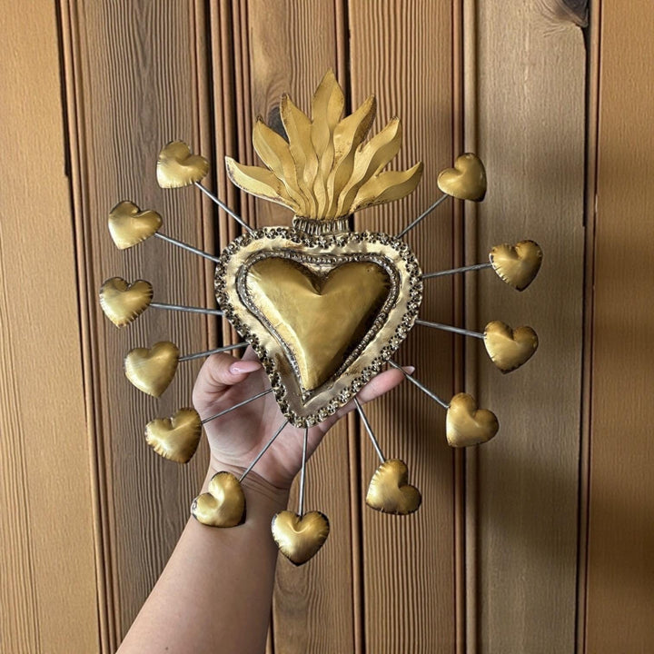 Medium Handmade Mexican Gold Tin Hearts Wall Decor – Assorted Designs (Corazon Sagrado Inspired)