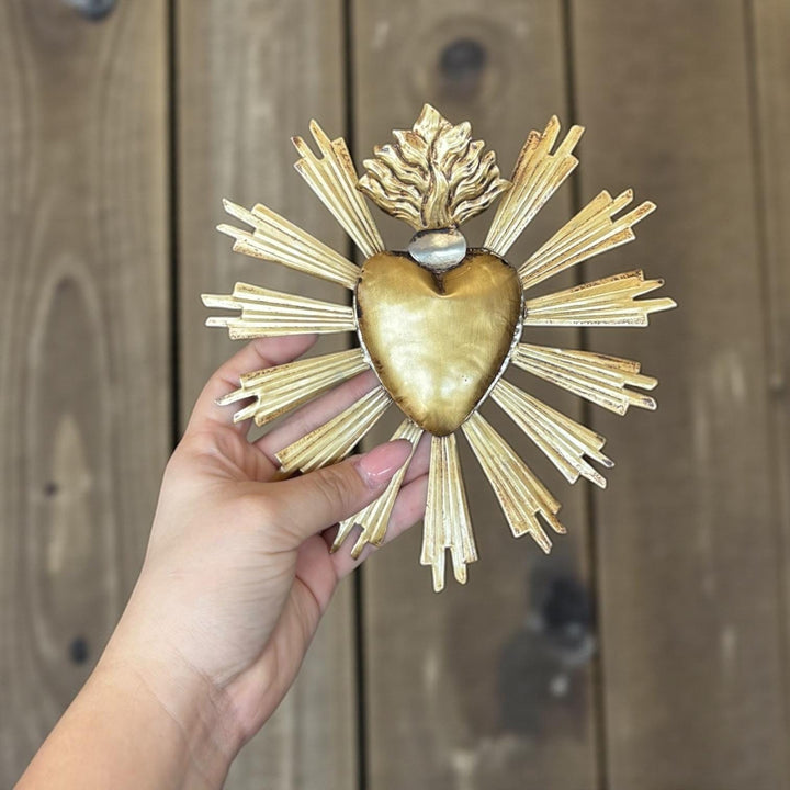 Small Handmade Mexican Gold Tin Hearts Wall Decor – Assorted Designs (Corazon Sagrado Inspired)