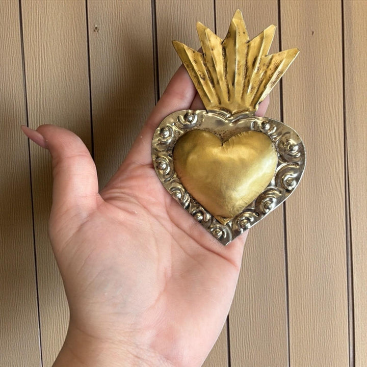 Small Handmade Mexican Gold Tin Hearts Wall Decor – Assorted Designs (Corazon Sagrado Inspired)