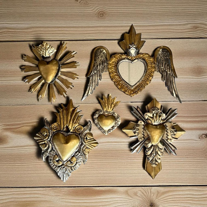 Small Handmade Mexican Gold Tin Hearts Wall Decor – Assorted Designs (Corazon Sagrado Inspired)