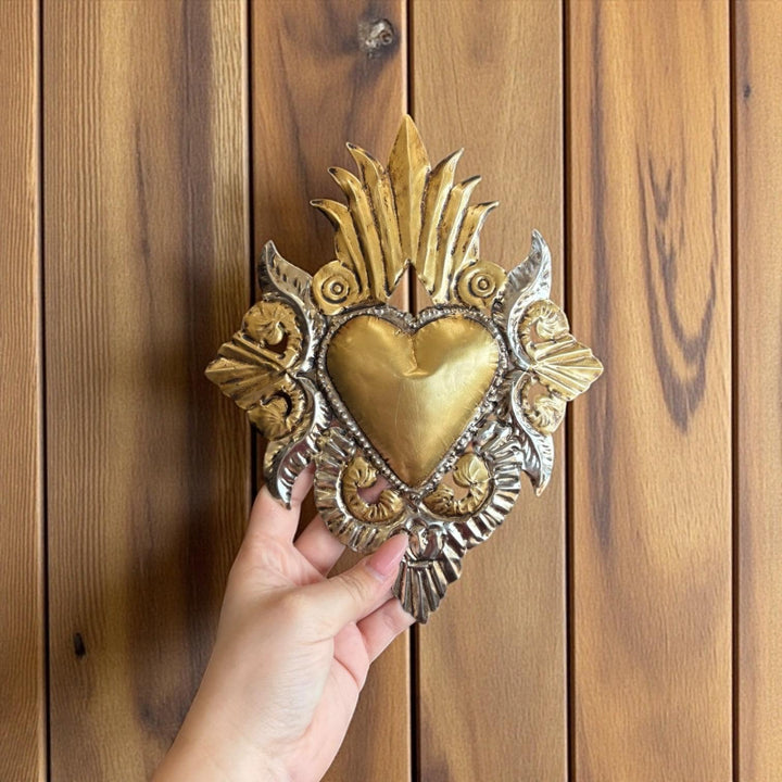 Small Handmade Mexican Gold Tin Hearts Wall Decor – Assorted Designs (Corazon Sagrado Inspired)