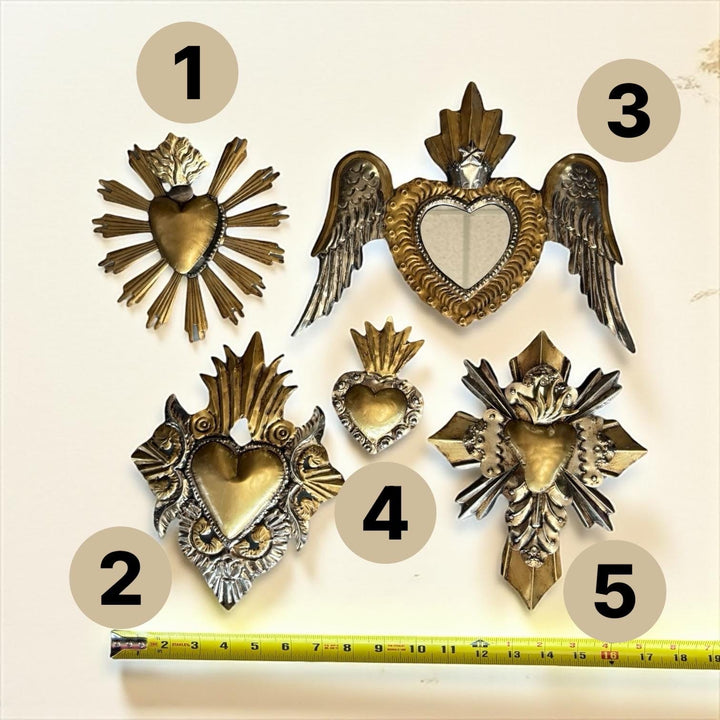Small Handmade Mexican Gold Tin Hearts Wall Decor – Assorted Designs (Corazon Sagrado Inspired)