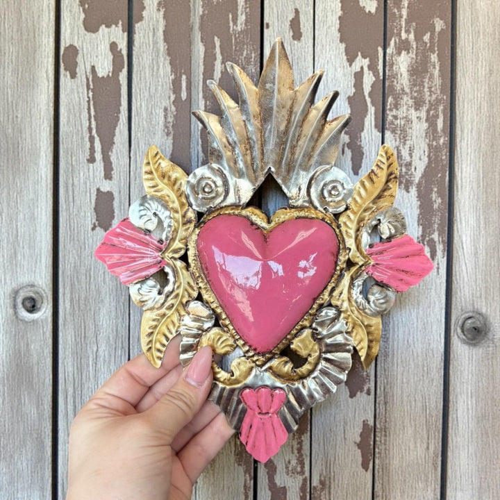 Handmade Mexican Pink Tin Hearts Wall Decor – Assorted Designs (Corazon Sagrado Inspired)