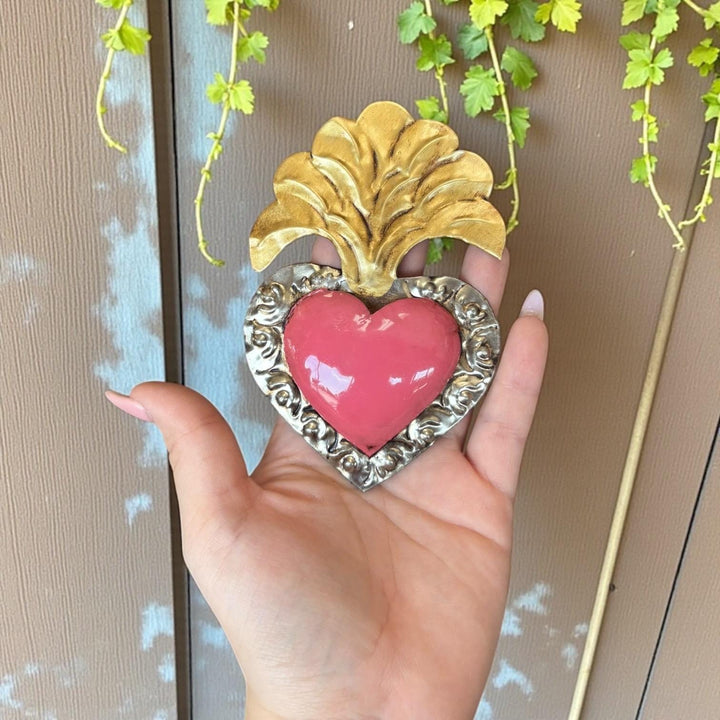 Handmade Mexican Pink Tin Hearts Wall Decor – Assorted Designs (Corazon Sagrado Inspired)