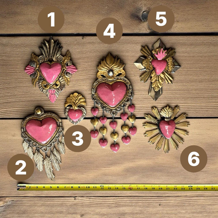 Handmade Mexican Pink Tin Hearts Wall Decor – Assorted Designs (Corazon Sagrado Inspired)