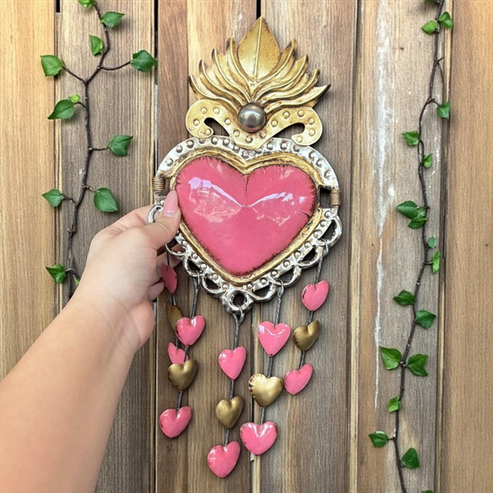 Handmade Mexican Pink Tin Hearts Wall Decor – Assorted Designs (Corazon Sagrado Inspired)