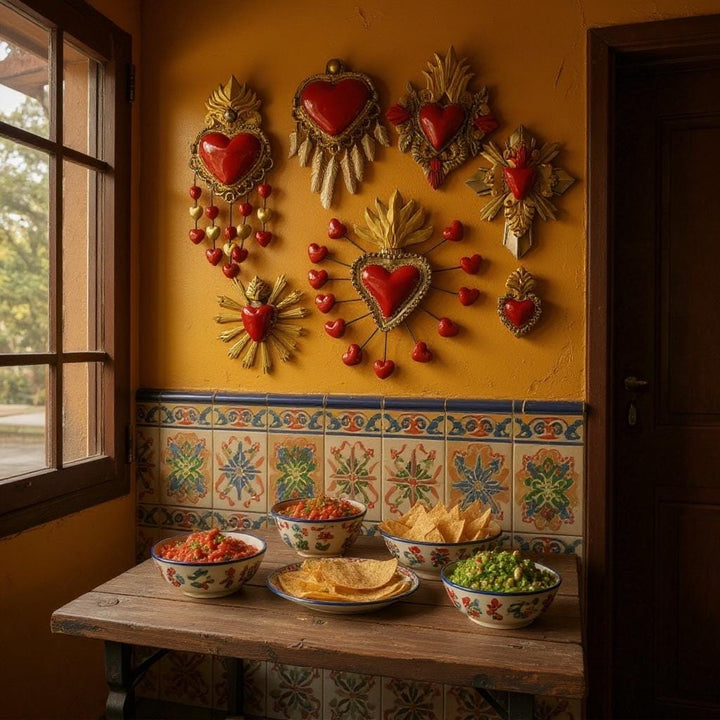 Handmade Mexican Red Tin Hearts Wall Decor – Assorted Designs (Corazon Sagrado Inspired)