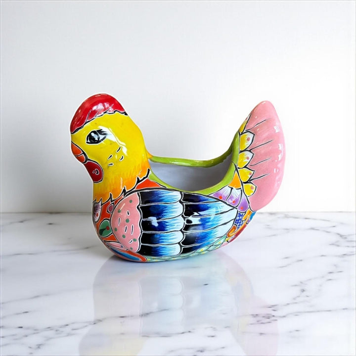 Small Hand Painted Mexican Talavera Yellow & Pink Tail Chicken Rooster Planter Pot